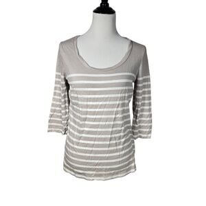 Banana Republic Large Tan & White Striped Scoop Neck 3/4 Sleeve Top